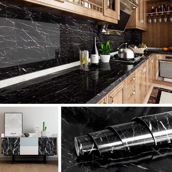 Self Adhesive Black & White Marble Sheet for Kitchen / Waterproof Anti Oil & Heat Resistant Wallpaper Sheet (2 Feet x 6.5 feet)