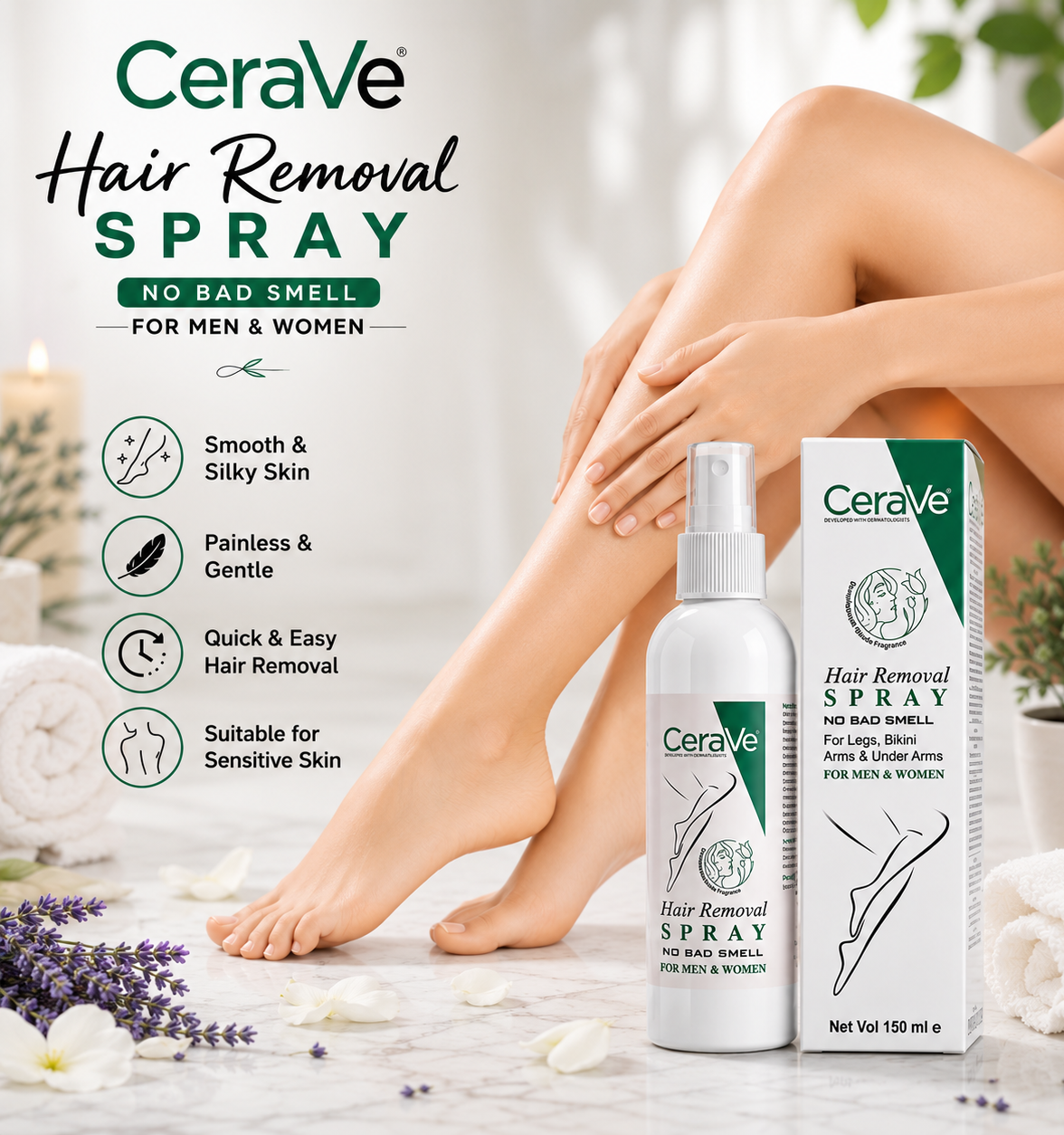 Green CeraVe Hair Removal Spray | Easy Spray Skincare Product For Men And Women - 150ML