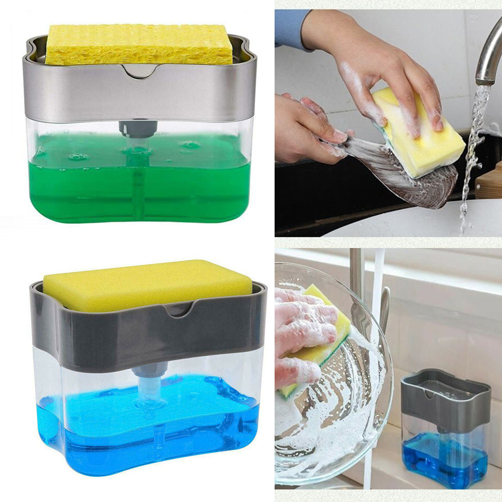 2-in-1 Soap Pump Dispenser with Sponge Holder – Press Type Dishwashing Liquid Dispenser for Kitchen Sink