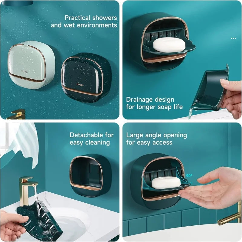 Milky White | Self-Adhesive Wall-Mounted Luxury Soap Holder with Lid and Drainage Tray