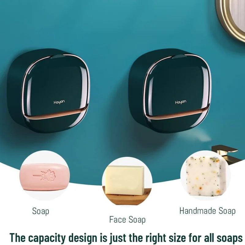 Milky White | Self-Adhesive Wall-Mounted Luxury Soap Holder with Lid and Drainage Tray